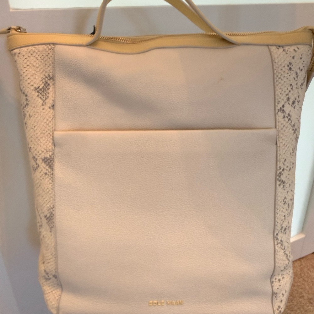 Cole Haan Cream Leather Tote with Snake-Print Trim